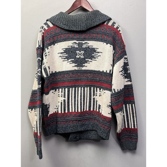 Jon1E Cowl neck cardigan sweater Mens Large Button front Gray Red Vintage - Picture 2 of 6